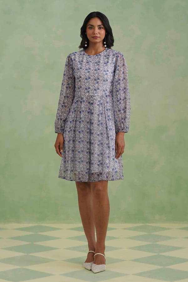 Porcelain Blue Floral Lurex Mini Dress — KORAH STITCH