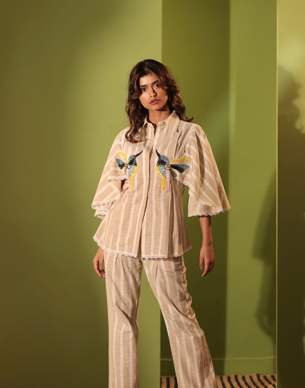 Beige and White Striped Cotton Straight-Leg Trousers — MANVI DAGA STUDIO