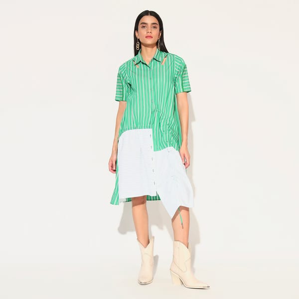 Green Striped Colorblock Cotton Shirtdress — Linetribe