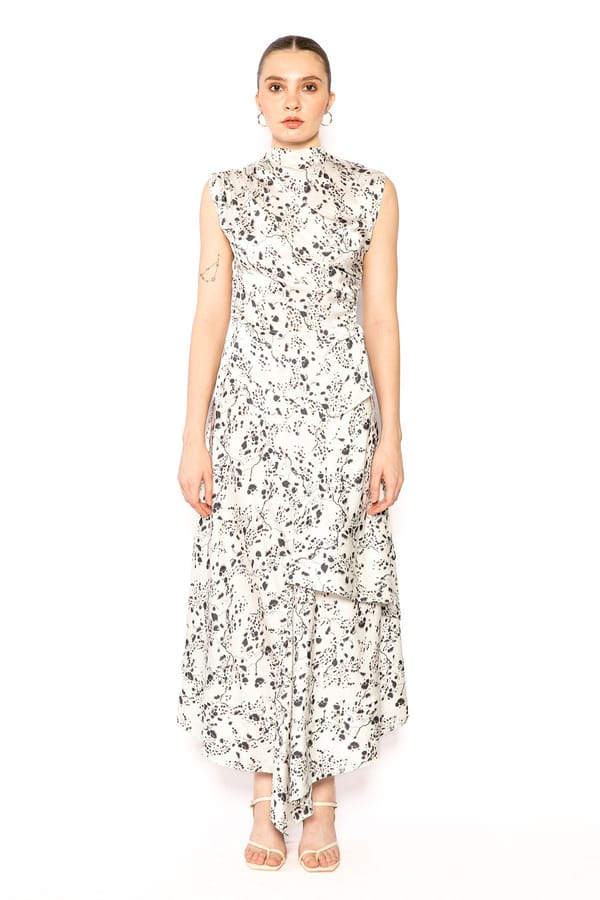 White Abstract Print Asymmetrical Layered Midi Skirt — Contemponari