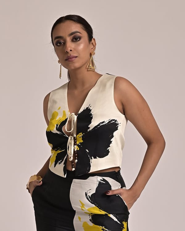 Black and Off-White Abstract Floral Tie-Up Waistcoat Crop Top — Missy Co.