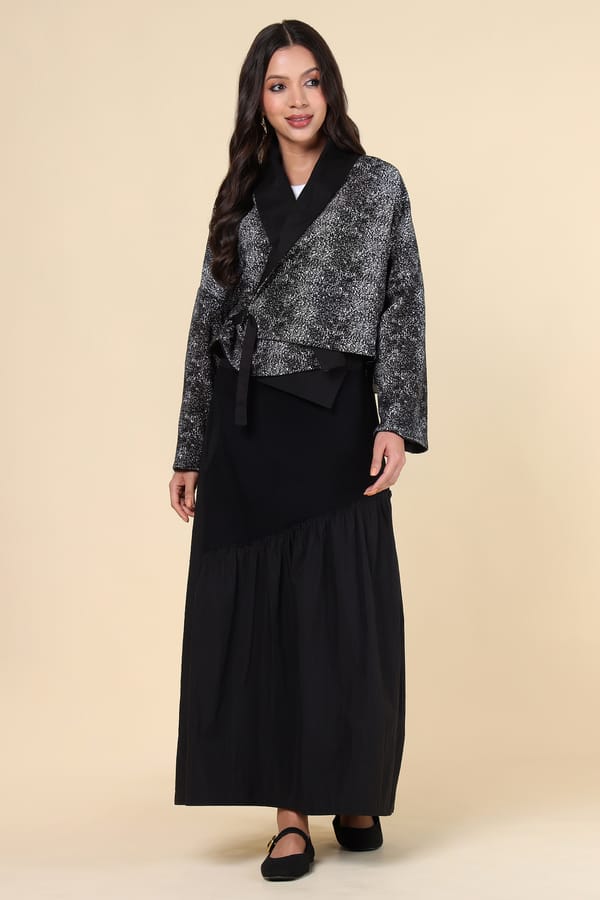 Black/Grey Cropped Wrap Jacket with Lapel Collar — ACRE