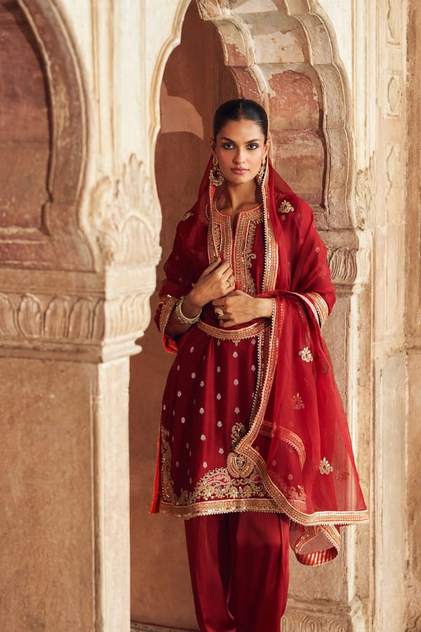 Deep Red Embroidered A-Line Kurta Set with Salwar and Dupatta — Sheetal Batra