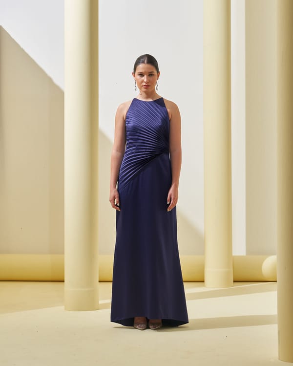 Blue High Neck Pleated Bodice Maxi Gown — Pleats by Aruni