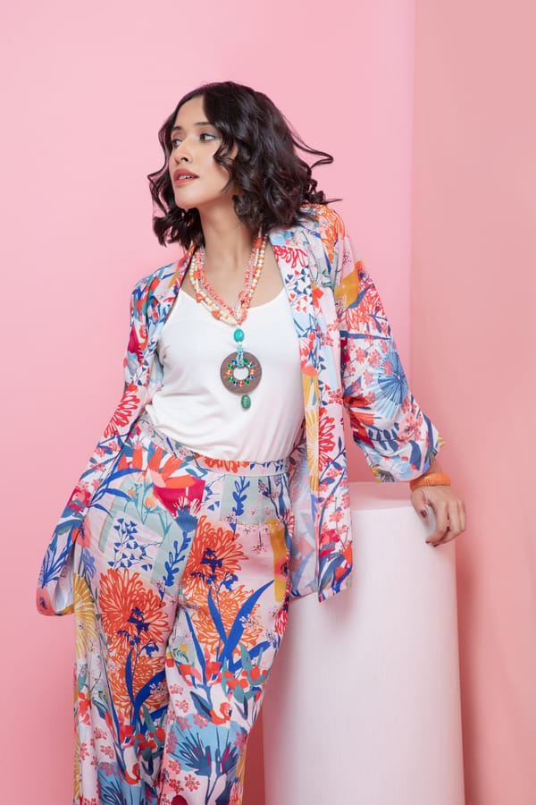 Multicolor Floral Blazer-Style Co-ord Set with Wide-Leg Pants — Rhe-Ana