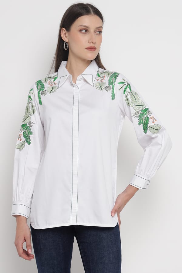 White Cotton Twill Embroidered Relaxed-Fit Shirt — Our Love