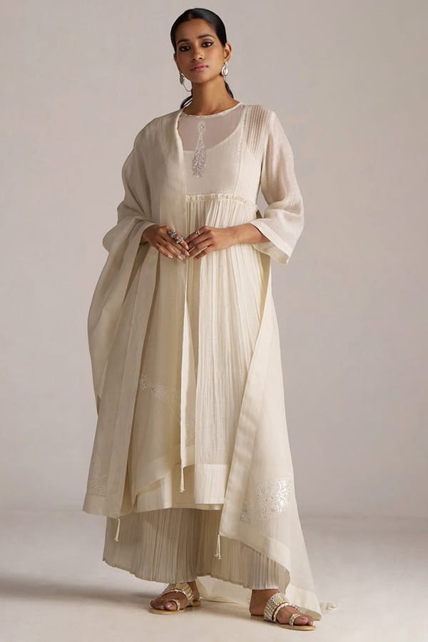 Ivory A-Line Chanderi Embroidered Kurta Set with Dupatta — Ganga Fashions Pvt Ltd
