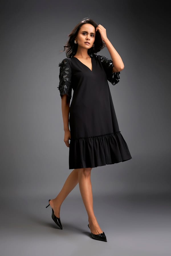 V-neck Dress With Leaf-patterned Sleeves — Deepika Arora