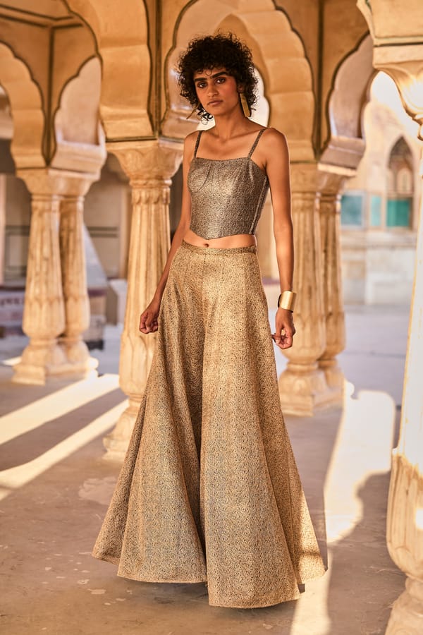 Dark Gold Metallic High-Waist Wide-Leg Trousers — Dash and Dot