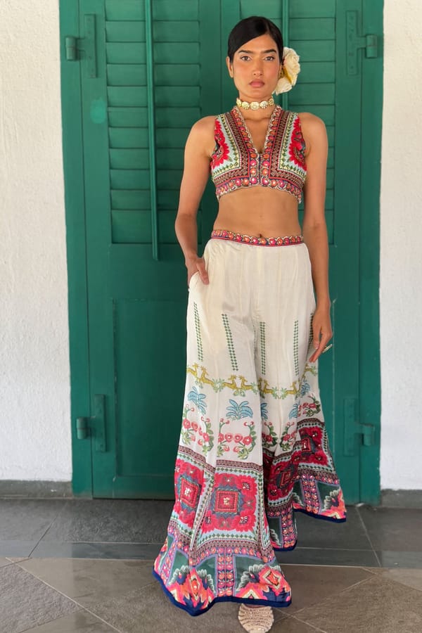 Beige Printed Crop Top and Wide-Leg Pant Co-ord Set — Basil Leaf
