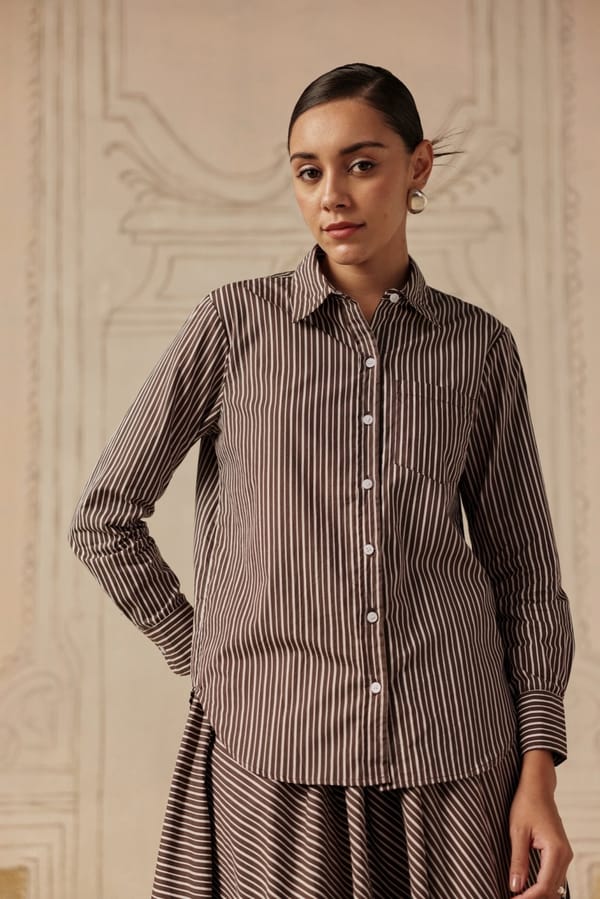 Charcoal and Ivory Striped Cotton Poplin Shirt — Sage by Mala