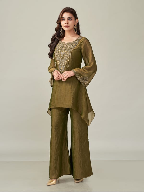 Rich Olive Green Shimmer Chiffon Embroidered Co-ord Set — QUNIC