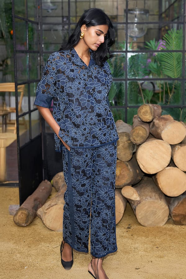 Denim Cutwork Lace Straight Cut Pant — Dash and Dot