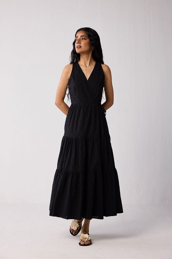 Sleeveless Embroidered Wrap Dress with Tiers — REISTOR