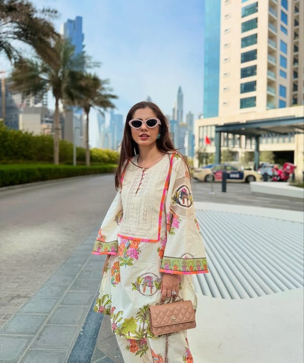 Off-White Tropical Print Kurta Set with Bell Sleeves — TASHA INDIA