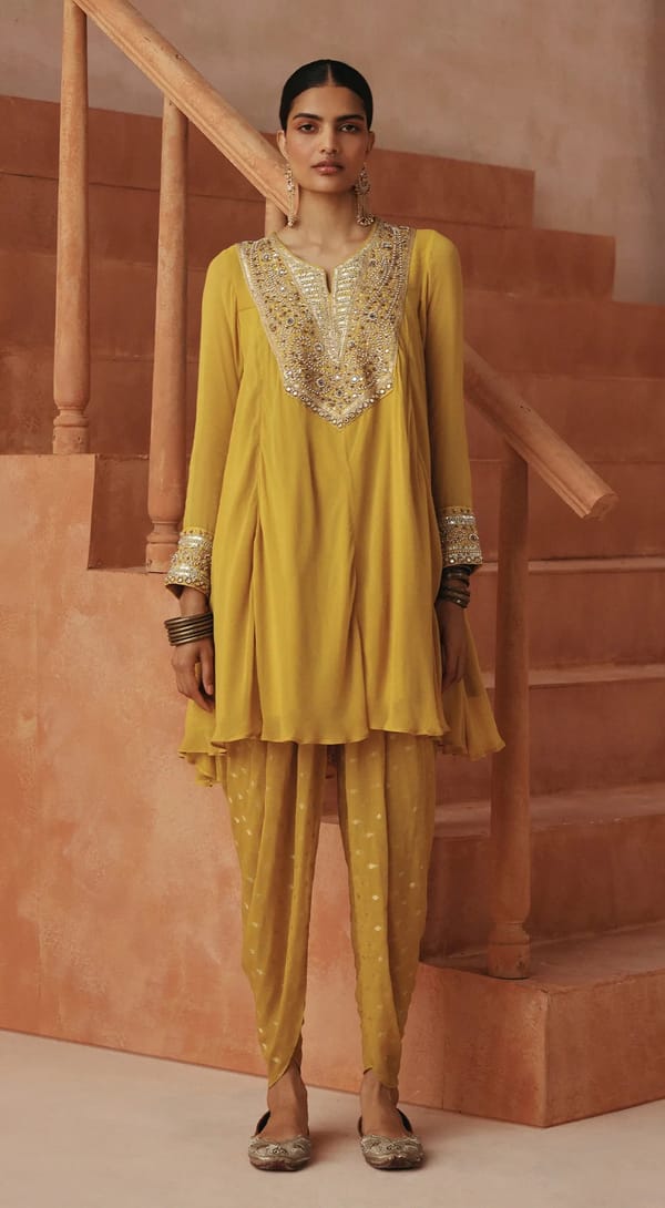 Ochre Embroidered Peplum Set — Basanti Kapde aur Koffee