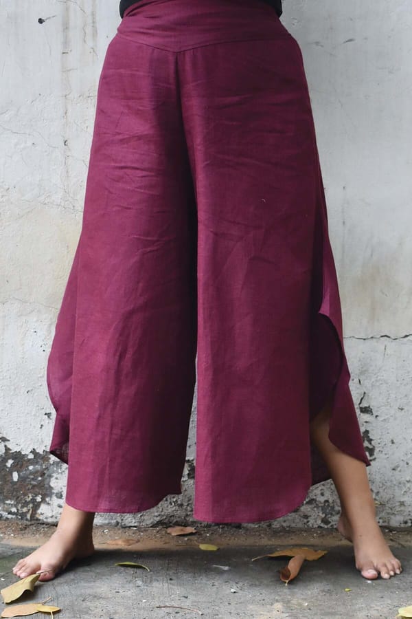 Wine Linen Flared Palazzo Trousers with Elastic Back Waist — YELL