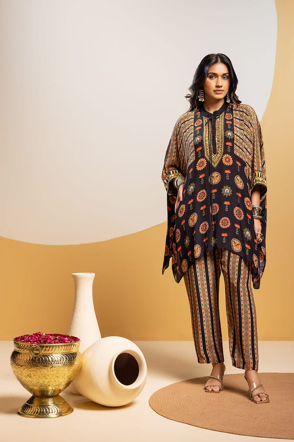 Black Printed Kimono Kurta Set with Tie-Up Neck — SOUP by Sougat Paul