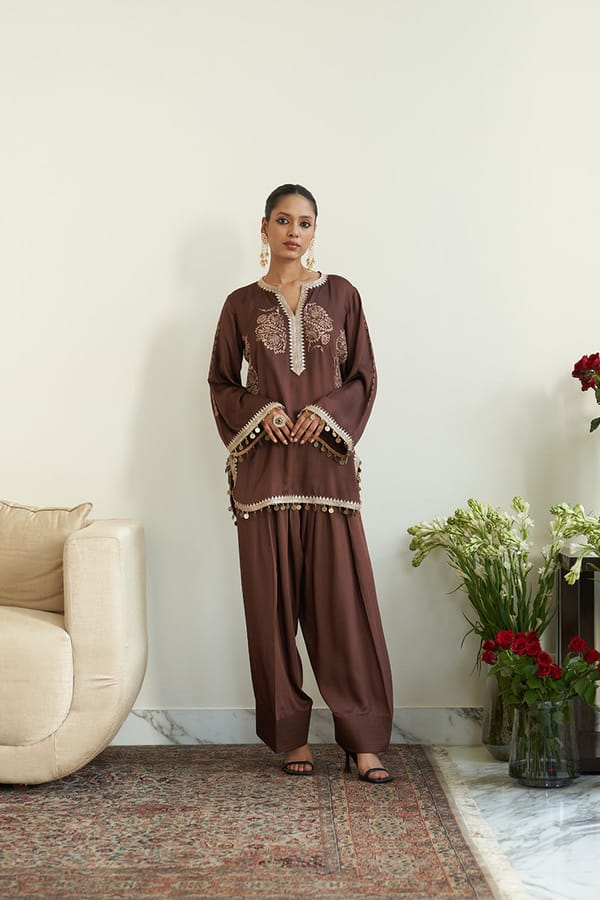 Brown Italian Cotton Embroidered Kurta Set with Farshi Salwar — Chakkraa