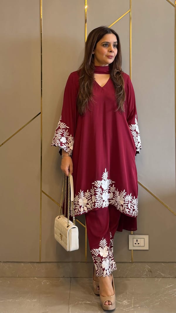 Red Royal Georgette Embroidered Kurta Pant Co-ord Set — Kylee Fashions