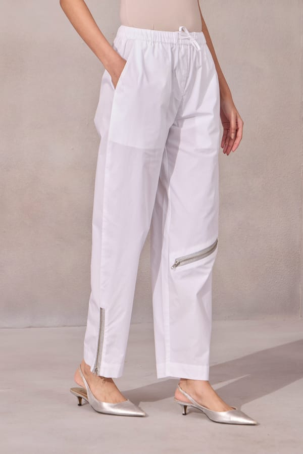 Bright White Poplin Straight-Leg Trousers with Zip Detail — 63East