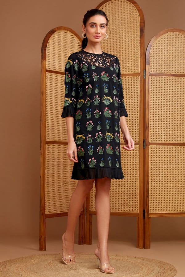 Jet Black Embroidered Shift Dress with Lace Yoke — BOHO-CHIC