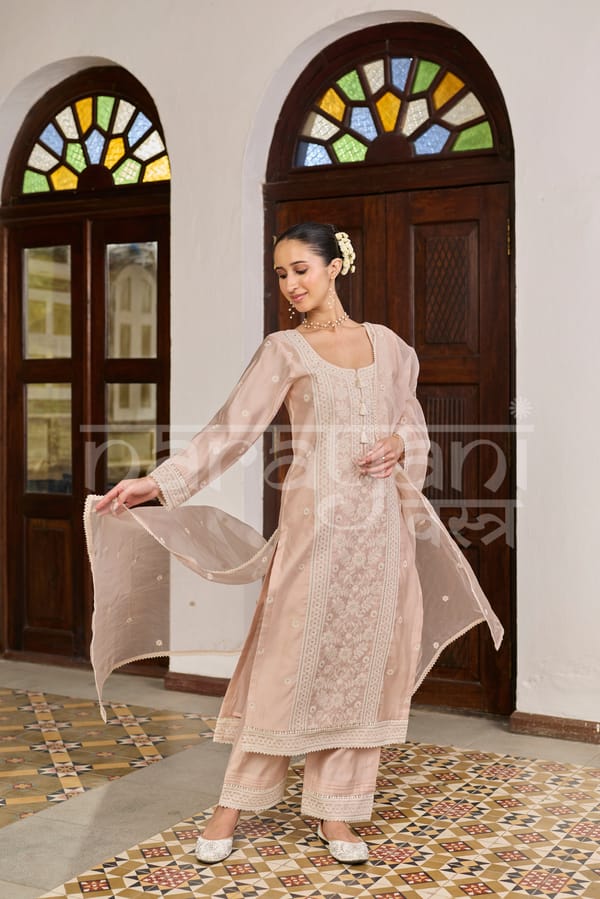 Vira - Powder Peach Chanderi Suit Set — NARAYANI VASTRA