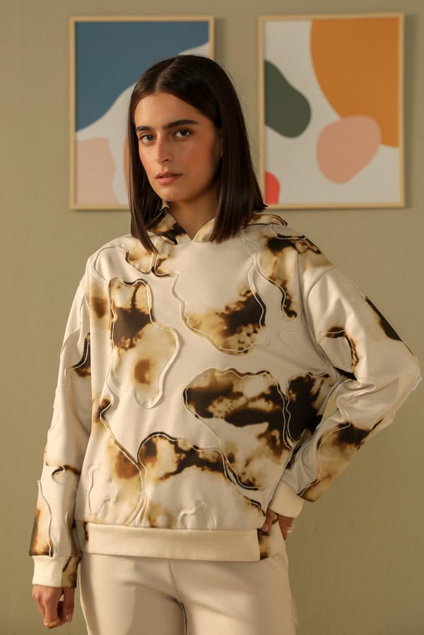 Caroline Cream Abstract Printed Pullover Hoodie — Muvazo
