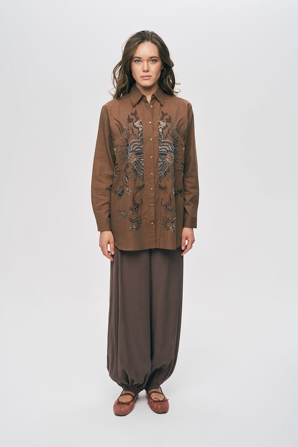 Brown Embellished Longline Button-Down Shirt — THE LUXURY DRESSING