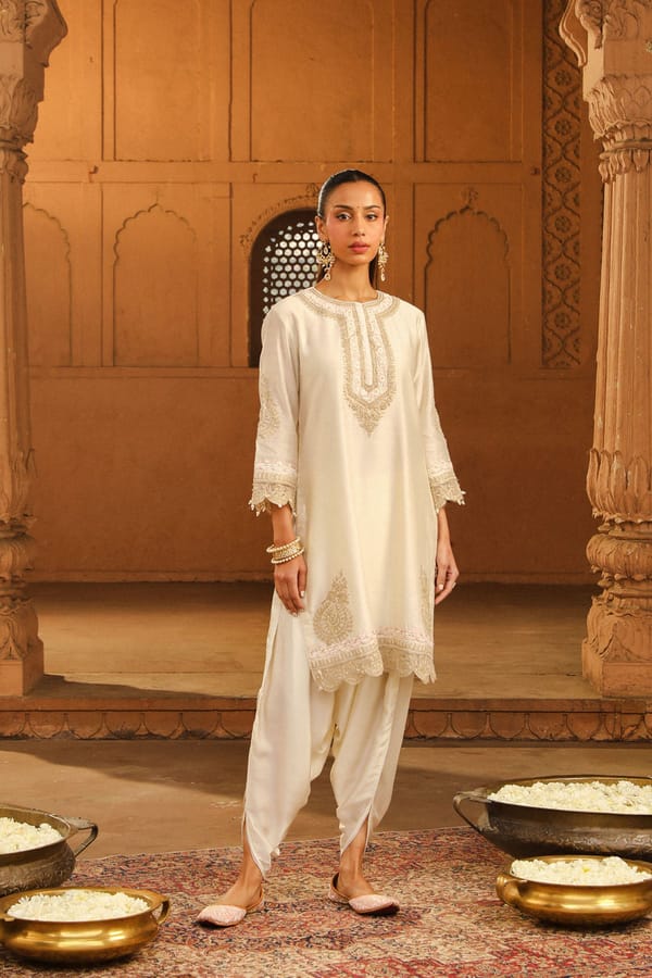 Daisy Ivory Embroidered Straight Kurta and Dhoti Set — Sheetal Batra