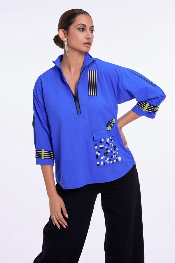 Cobalt Blue Cotton Zip-Neck Boxy Top with Statement Pocket — KOR