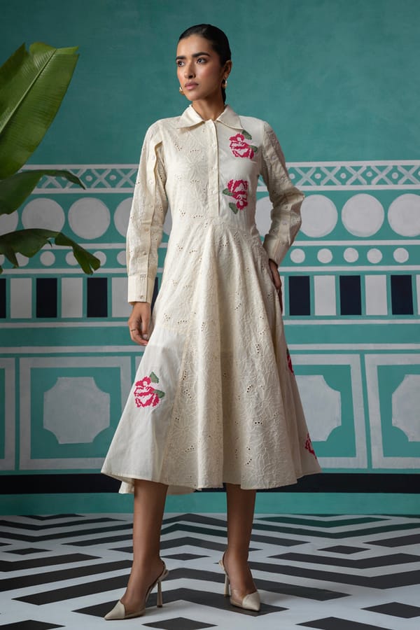 Cream Broderie Shirt Midi Dress with Cross-Stitch Embroidery — BOHO-CHIC