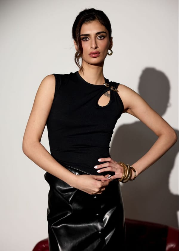 Black Asymmetric Cut-Out Embellished Fitted Top — Lea Clothing