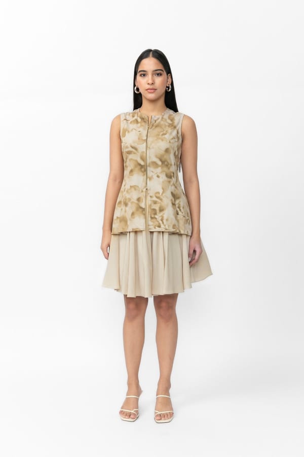 Green Abstract Print Zip-Front Peplum Top — Contemponari