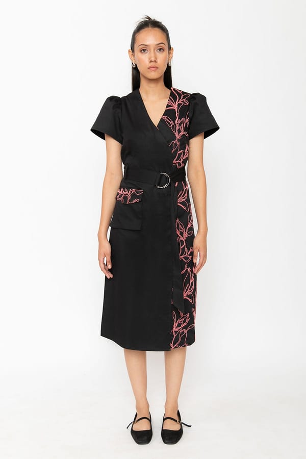 Black Double-Breasted Belted Midi Dress with Pink Embroidery — Contemponari