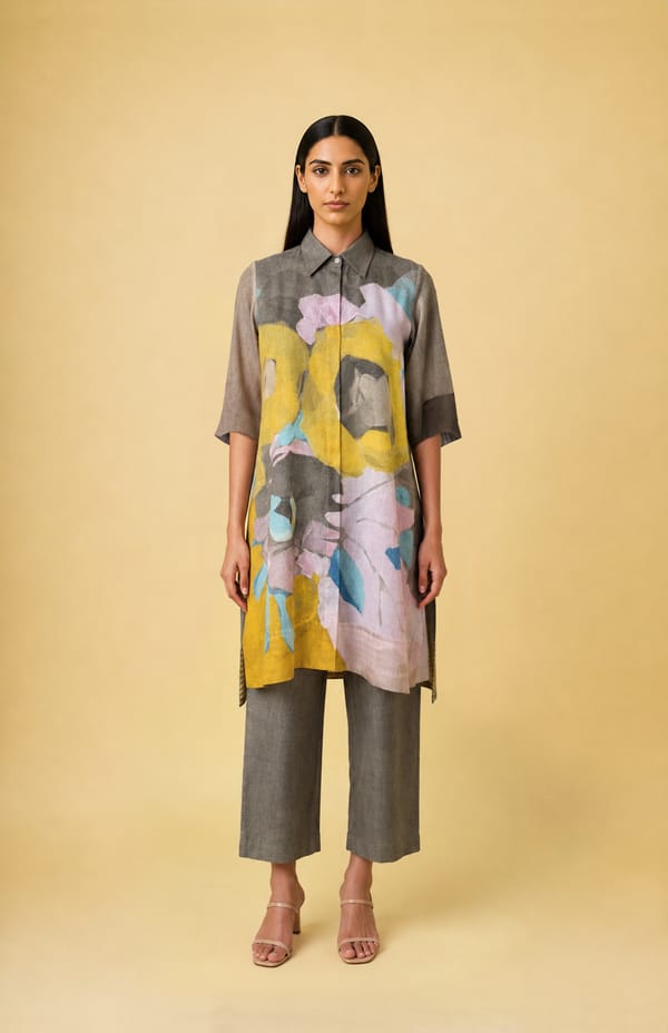 Mustard Abstract Printed Collared Kurta Set with Pants — CLOS