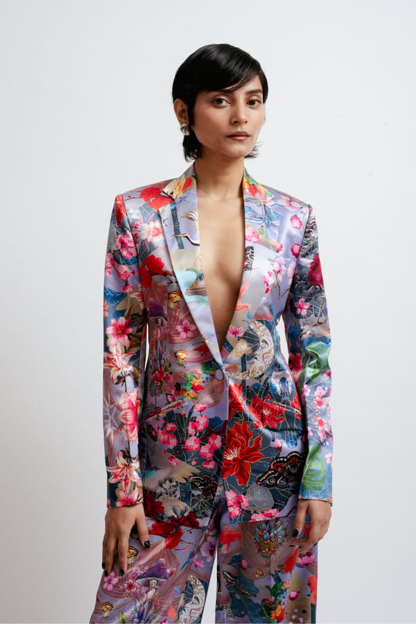 Multicolor Satin-Like Printed Tailored Jacket — White Saturn