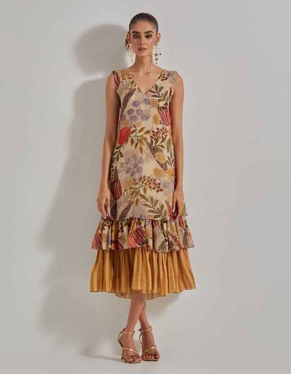 Beige Tissue Floral Printed Tiered Midi Dress — Kavita Bhartia