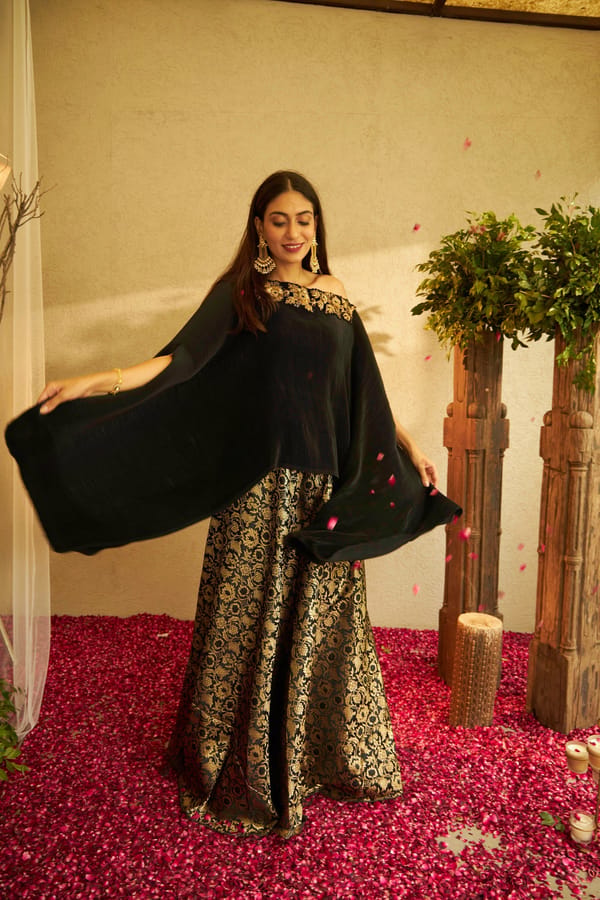 Black One-Shoulder Cape with Brocade Ghagra Co-ord Set — TASUVURE