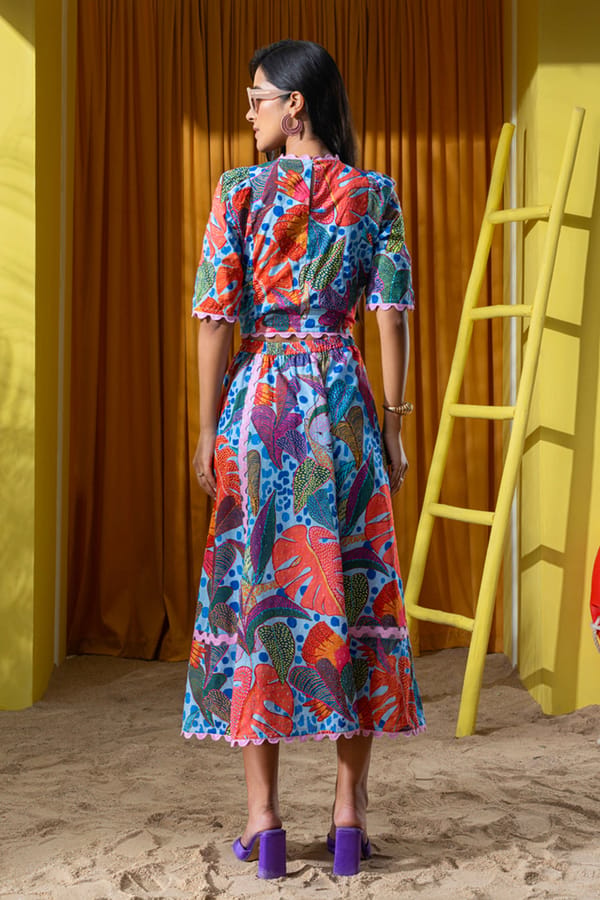 Blue Printed Crop Top and Midi Skirt Co-ord Set — BOHO-CHIC