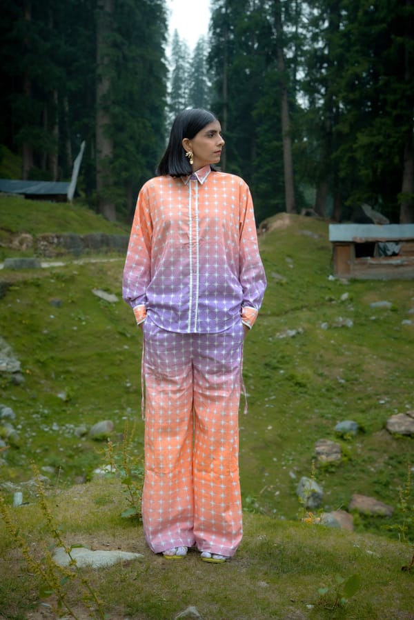 Ombre Starburst Shirt and Wide-Leg Trouser Co-ord Set — White Saturn