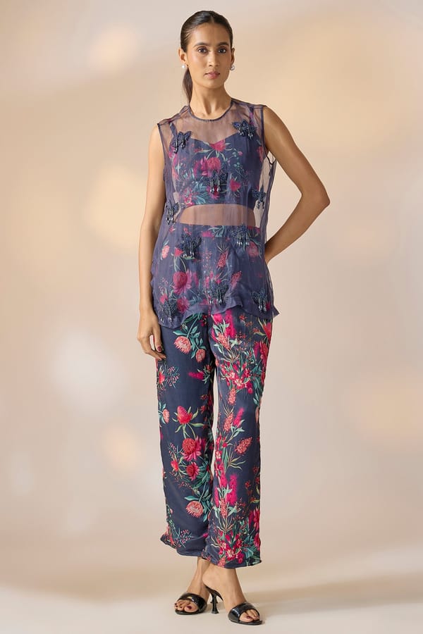 Navy Floral 3-Piece Co-ord Set with Sheer Overlay — EWOKE STUDIO