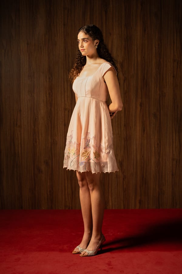 Misty Rose Pink A-Line Mini Dress with Embroidered Hem — Love Kiki