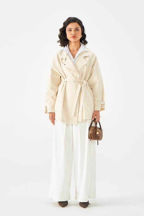 Faun Beige Belted Trench-Style Jacket — NOTEBOOK