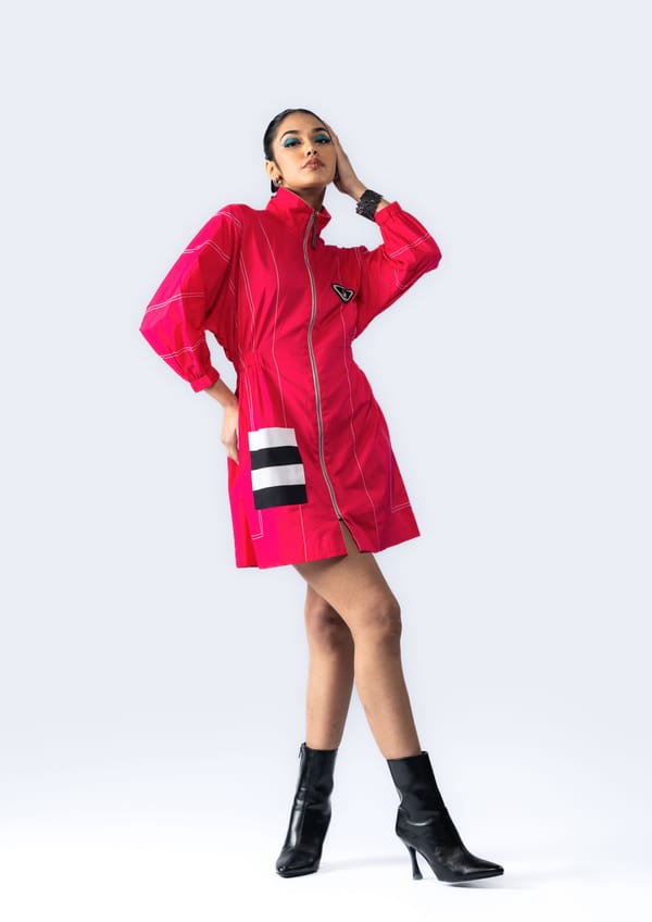 Magenta Zip-Front High-Neck Mini Dress with Patch Pocket — Ang-sa