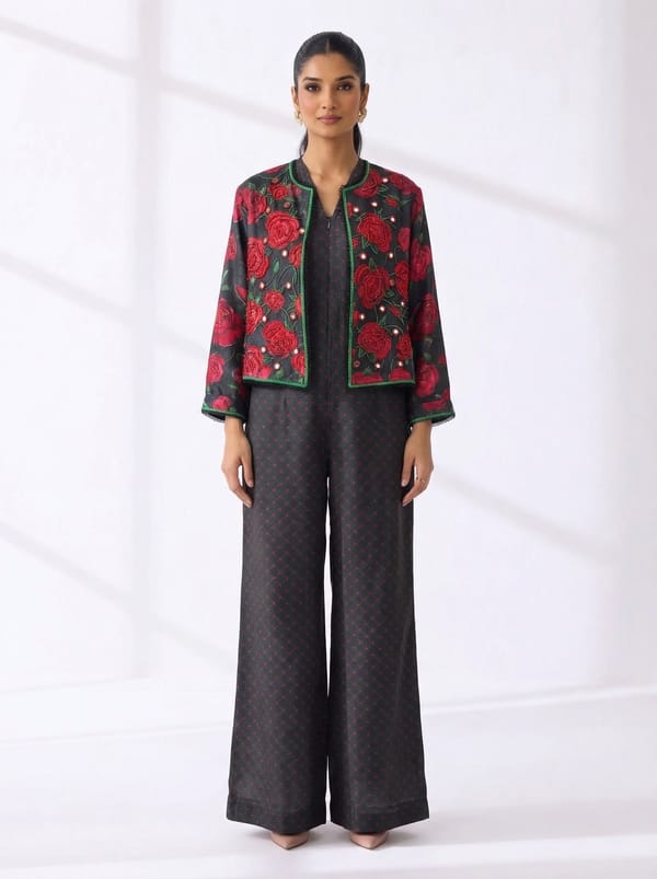 Black And Rose Print Jacket Jumpsuit — BUMBLEBEE