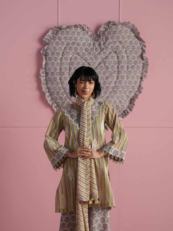 STRIPED FRONT YOKE KURTA WITH YELLOW FLORA PRINT WIDE-LEGGED PANTS AND DUPATTA — TASHA INDIA