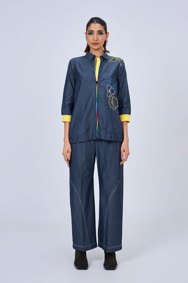 Blue Denim Zip-Front Shacket and Wide-Leg Co-ord Set — KOR