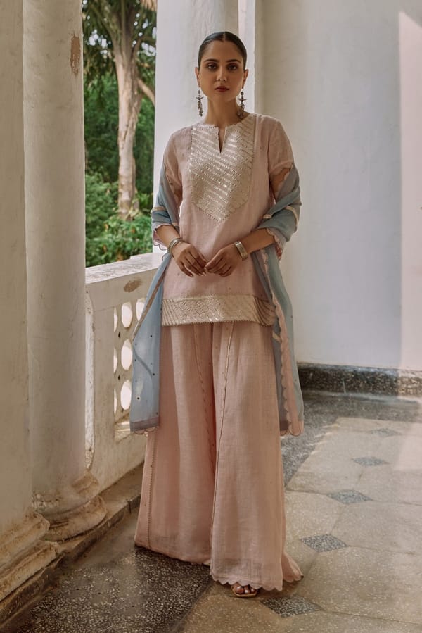 Pink Gauze Linen Kurta Set with Gota Work — YELL