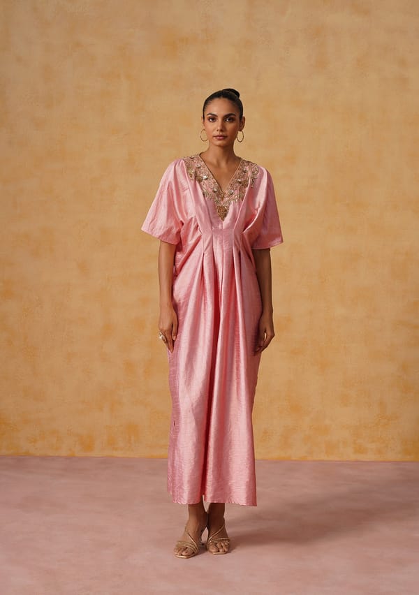 Baby Pink Kaftan Maxi Dress with Embroidered V-Neck — AMOSHI